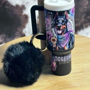 Black Floral Doberman Keychain Accessory